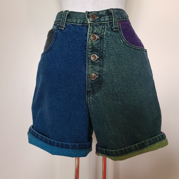 ZENA - Vintage Colourblock Highwasted Jean Shorts - Size 3 - Picture 5 of 8